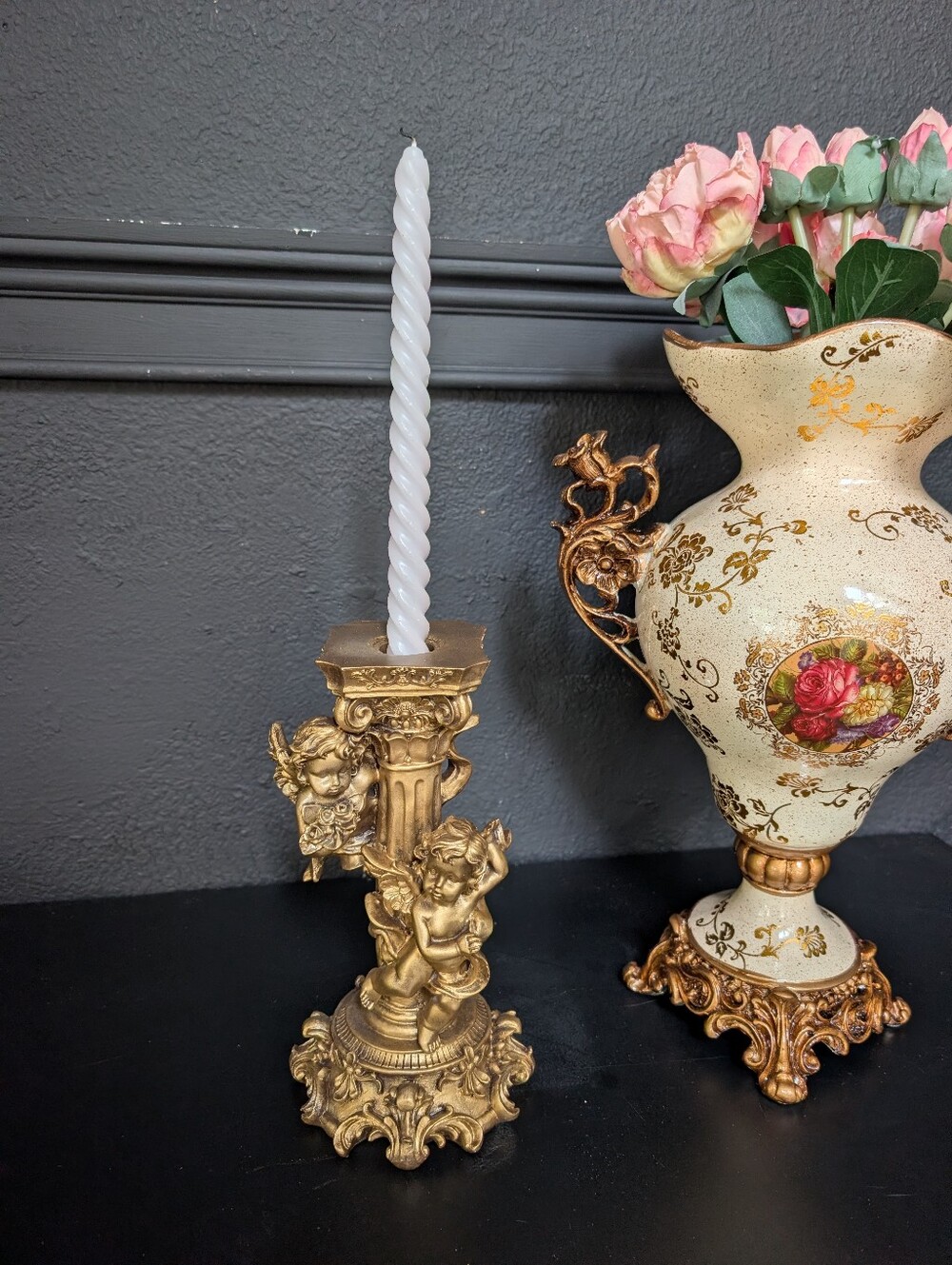 Vintage Gold Ornate Neoclassical /Regency cherub chalkware/resin mix candle hold